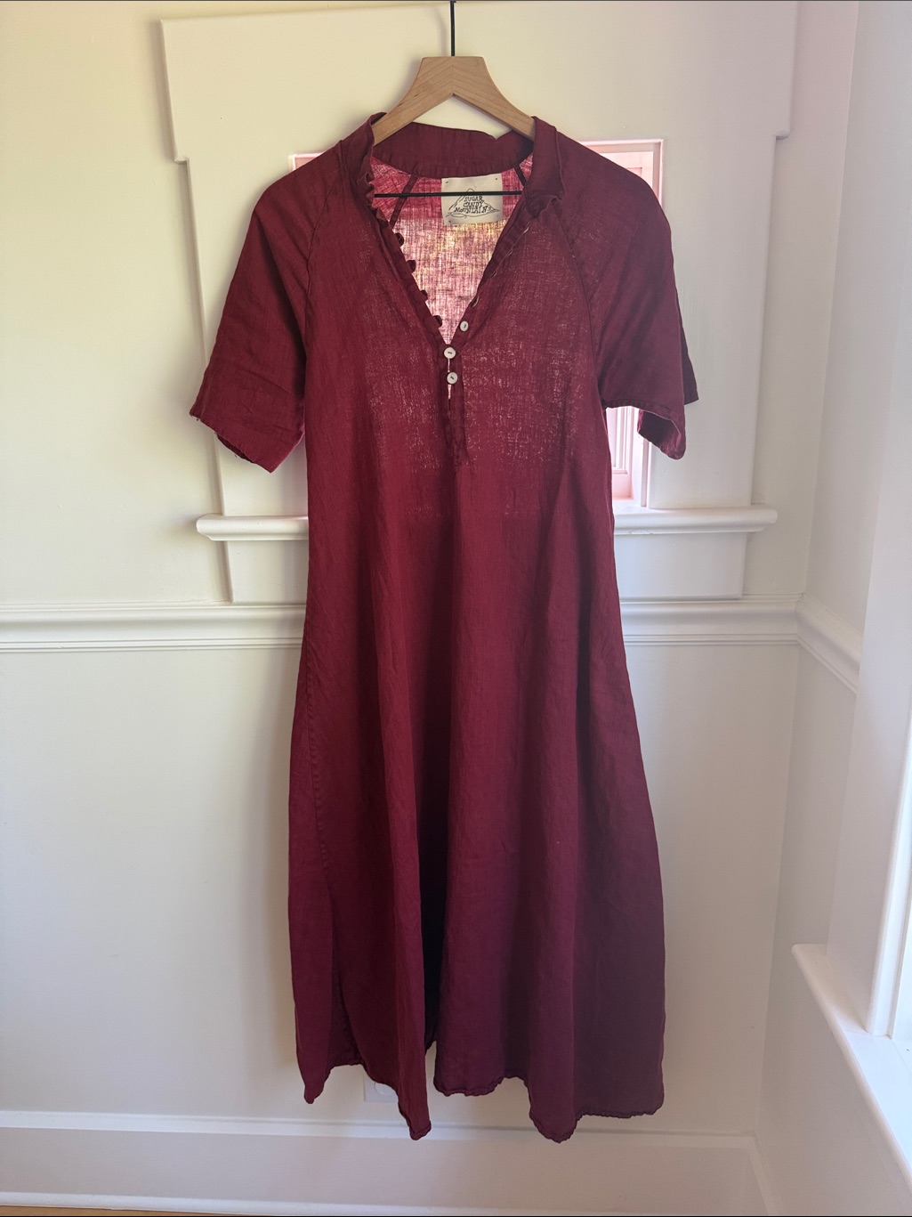 Burgundy Button-Front Linen Maxi Dress Sugar Candy Mountain Small — image 2 of 6